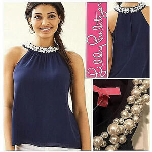 NWT Lilly Pulitzer Shawn Top XS in True Navy w/ Pearl Like Neckline $148